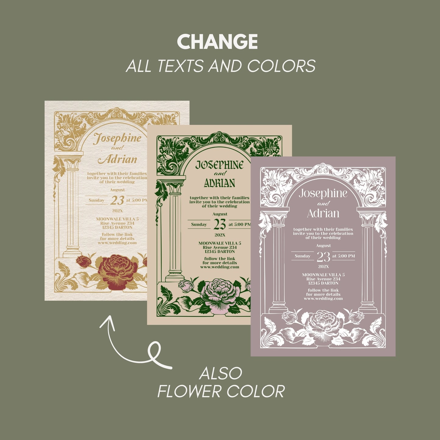 Vintage Wedding Invitation – Elegant Baroque Floral Design with Red Roses and Gold Roman Columns