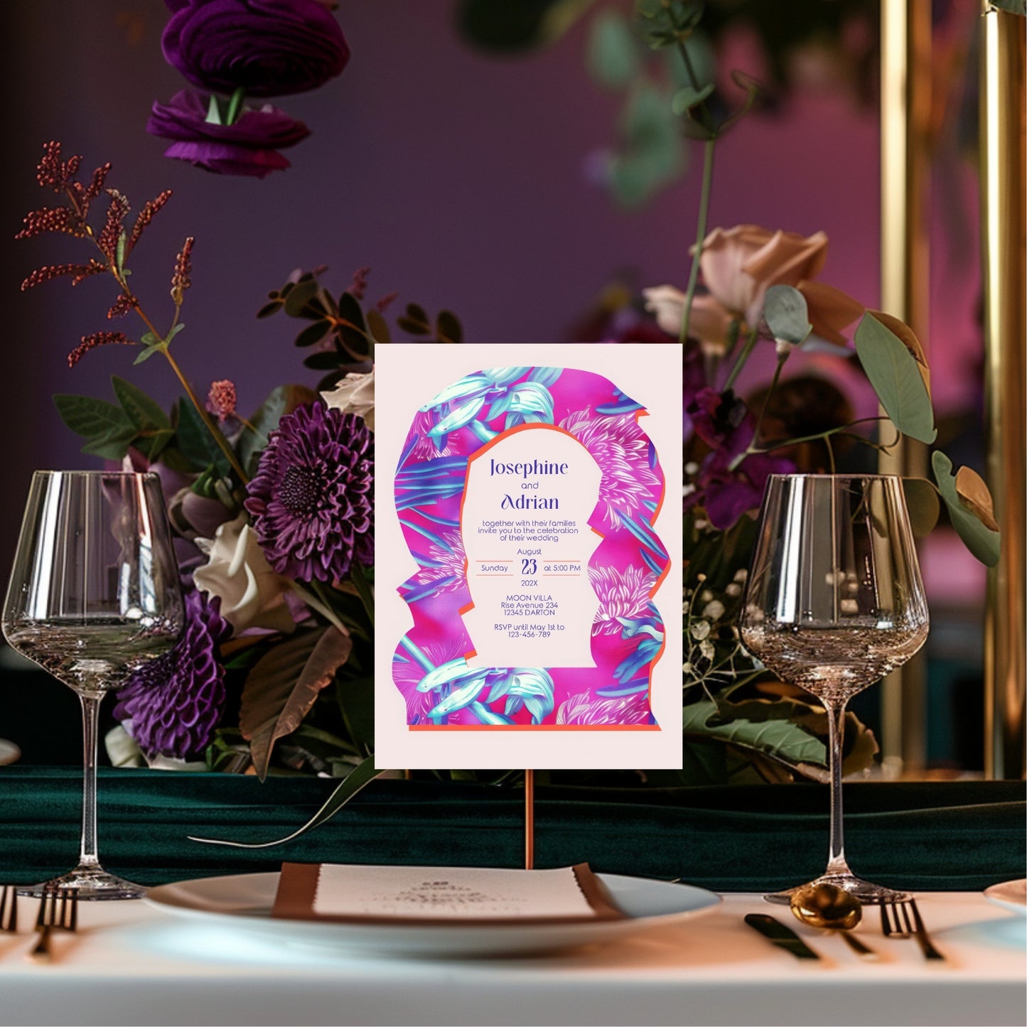 Neon Floral Wedding Invitation - Eclectic Abstract Arch Design with Pink & Fuchsia