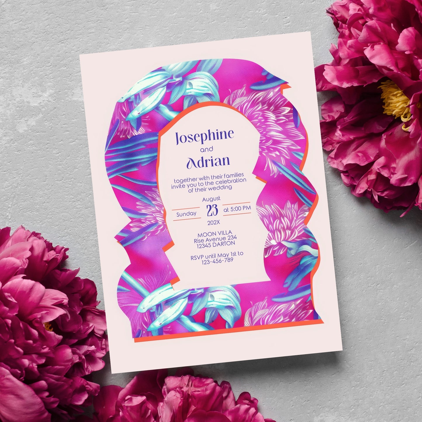 Neon Floral Wedding Invitation - Eclectic Abstract Arch Design with Pink & Fuchsia
