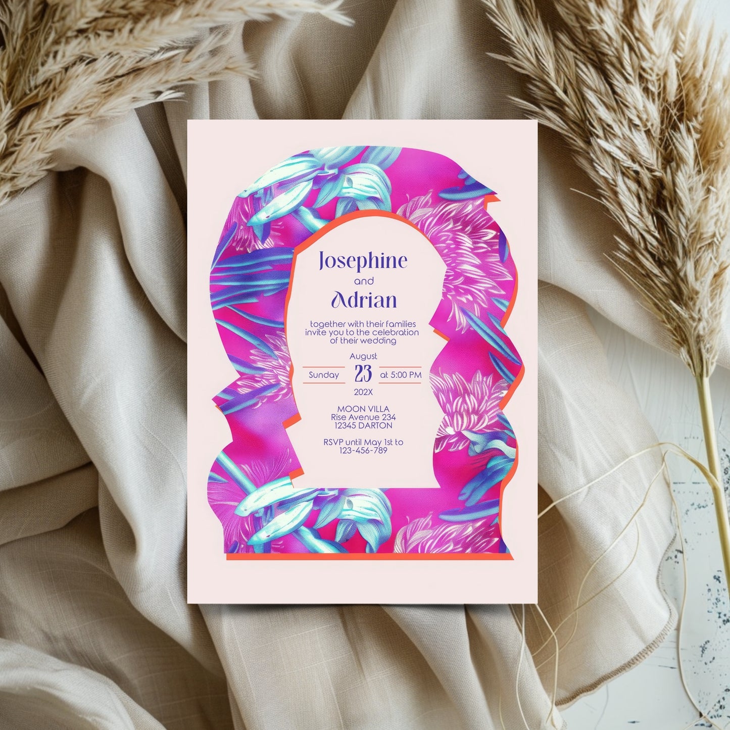 Neon Floral Wedding Invitation - Eclectic Abstract Arch Design with Pink & Fuchsia