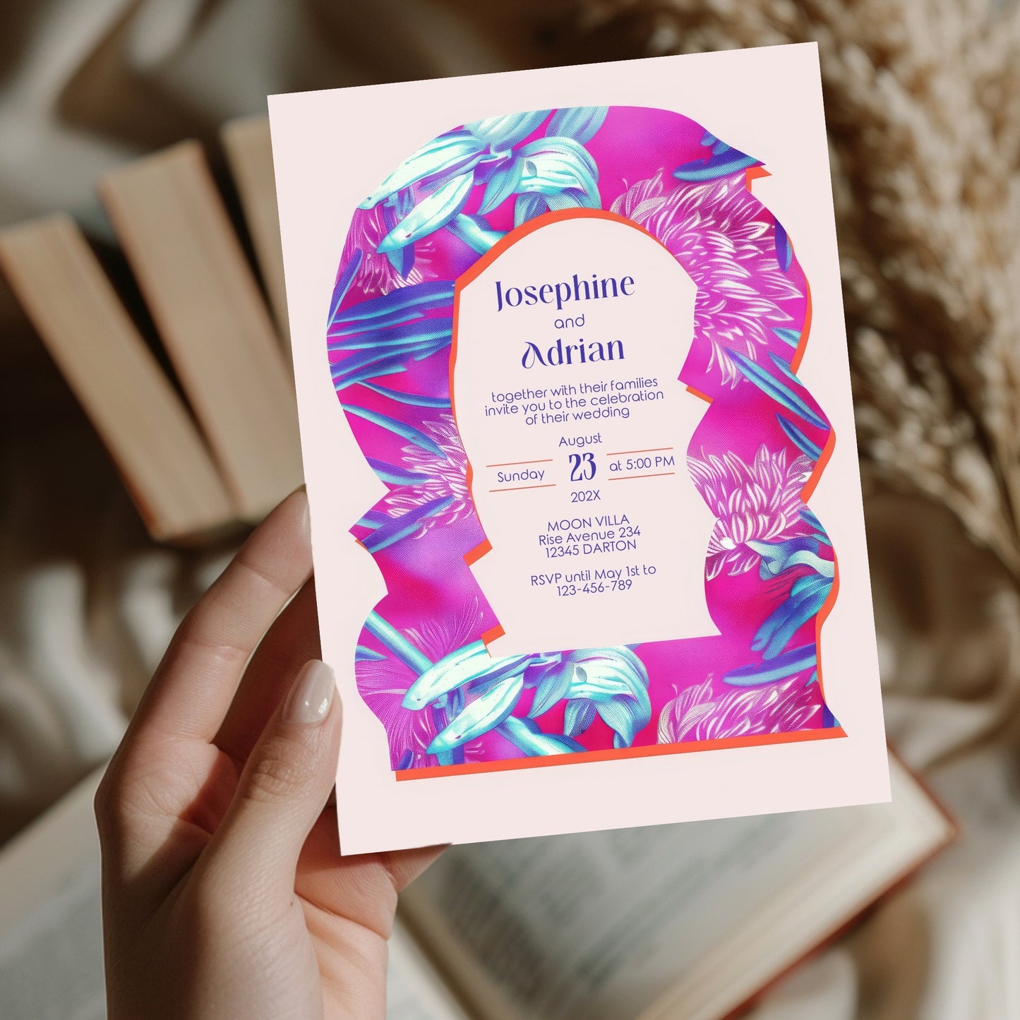 Neon Floral Wedding Invitation - Eclectic Abstract Arch Design with Pink & Fuchsia