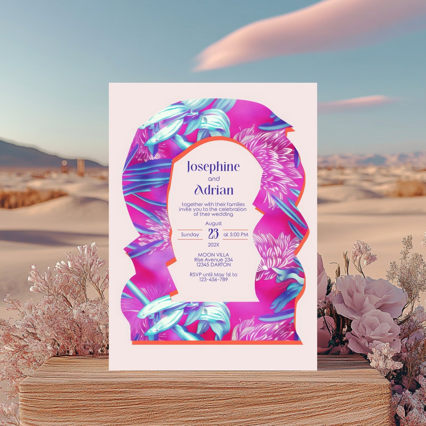 Neon Floral Wedding Invitation - Eclectic Abstract Arch Design with Pink & Fuchsia