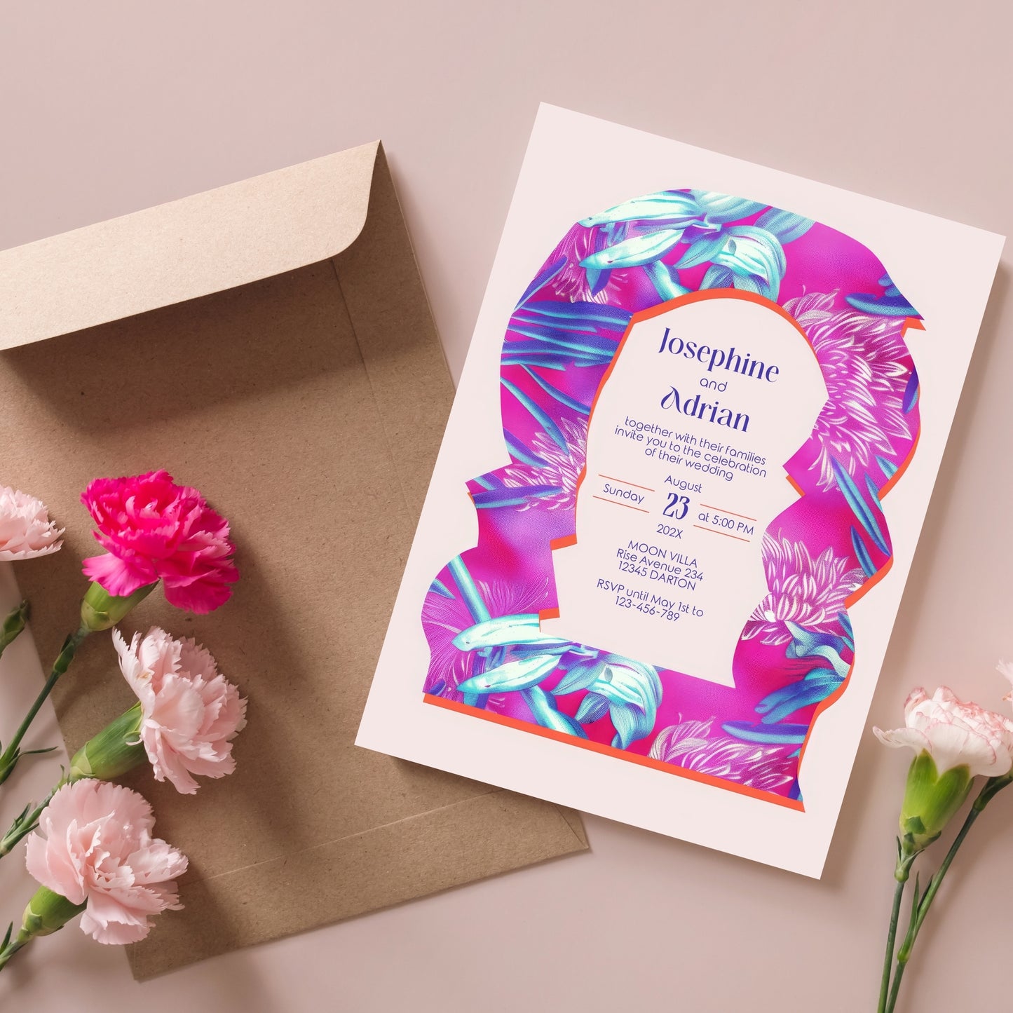 Neon Floral Wedding Invitation - Eclectic Abstract Arch Design with Pink & Fuchsia
