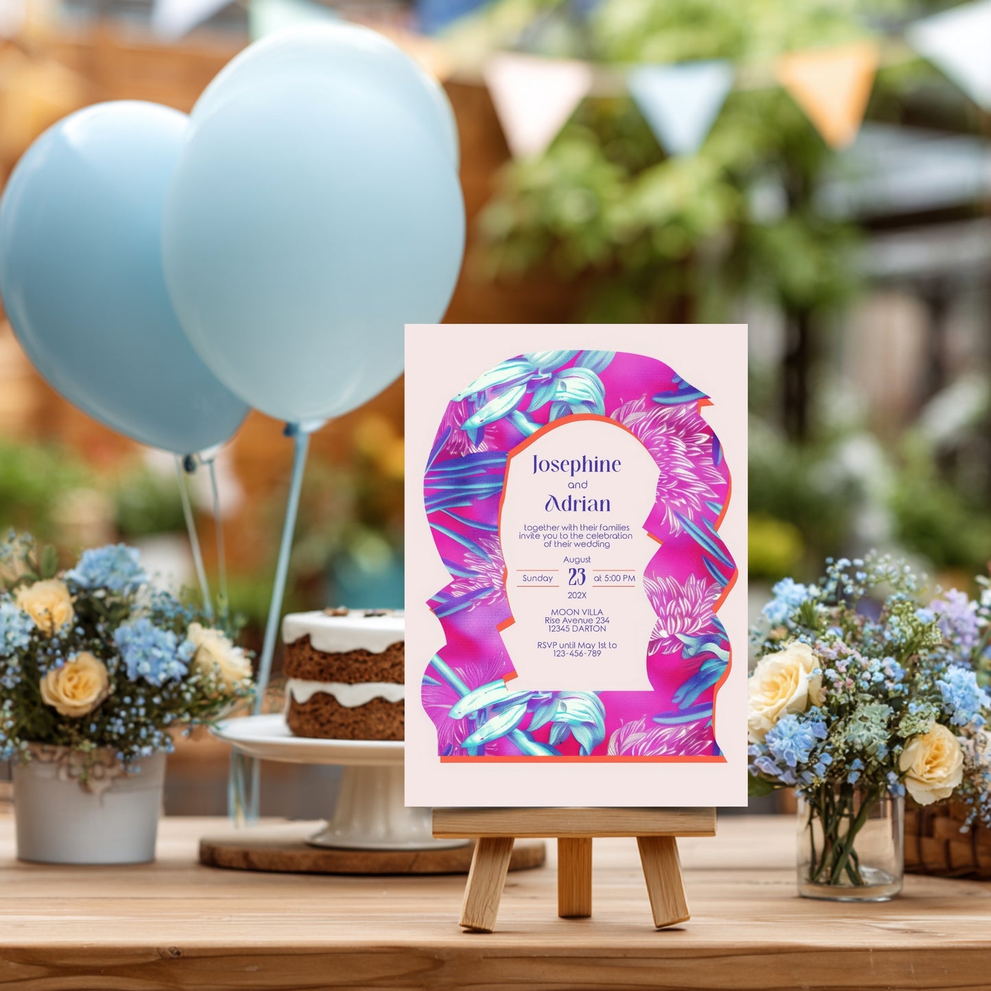 Neon Floral Wedding Invitation - Eclectic Abstract Arch Design with Pink & Fuchsia