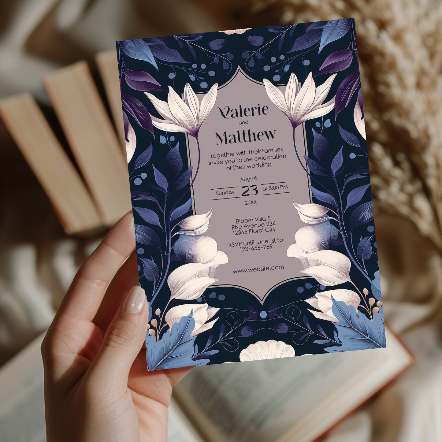 Dark Botanical Art Nouveau Wedding Invitation with Lilies