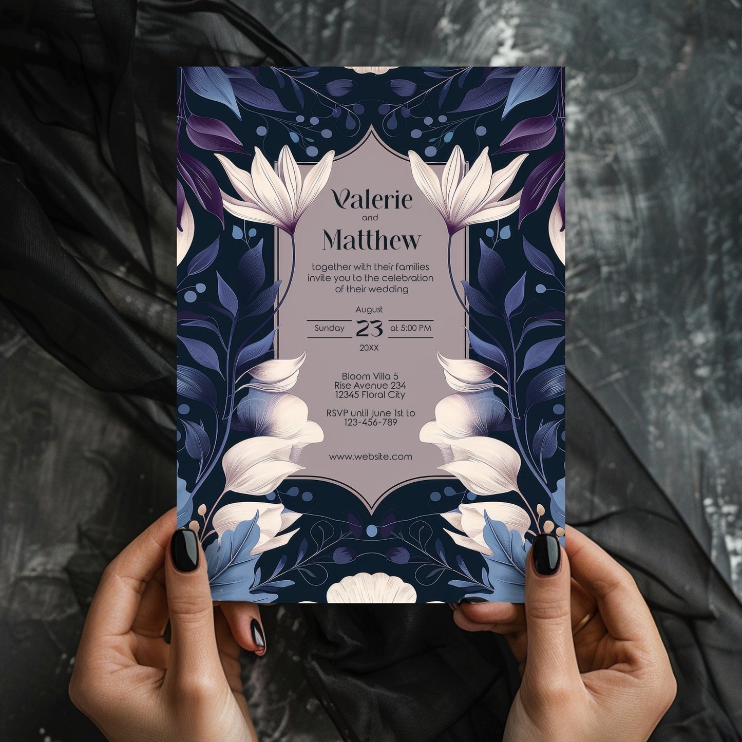 Dark Botanical Art Nouveau Wedding Invitation with Lilies