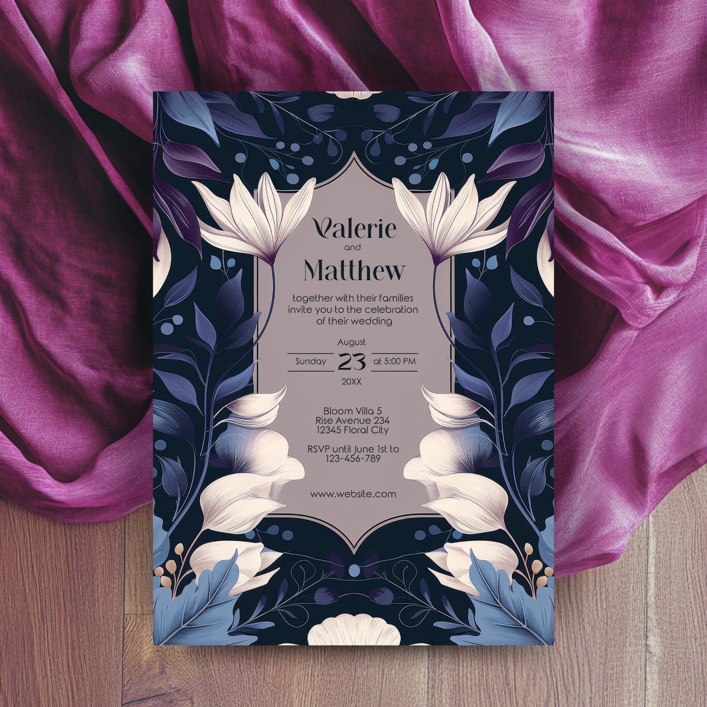 Dark Botanical Art Nouveau Wedding Invitation with Lilies