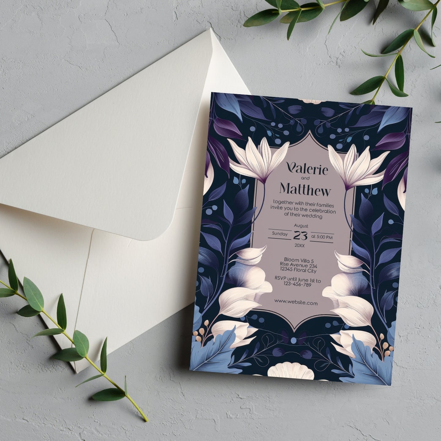 Dark Botanical Art Nouveau Wedding Invitation with Lilies