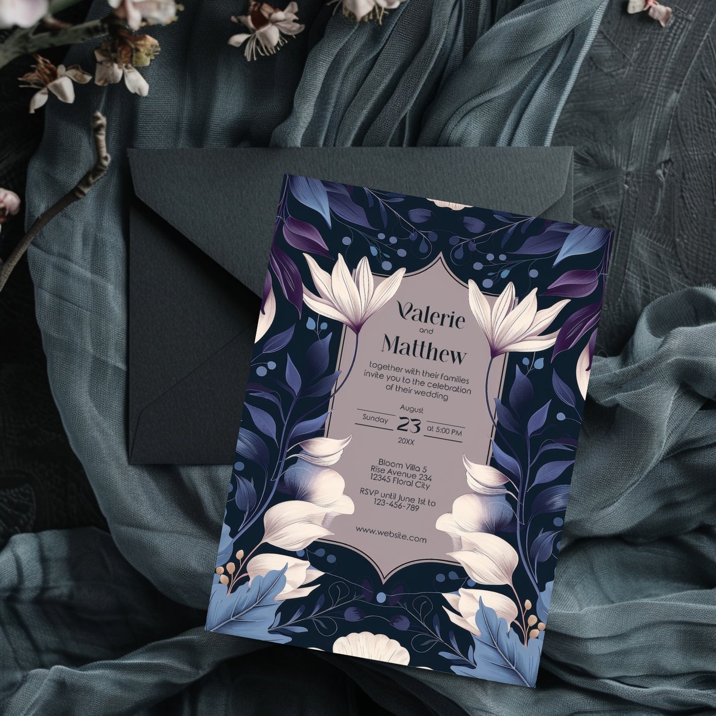 Dark Botanical Art Nouveau Wedding Invitation with Lilies