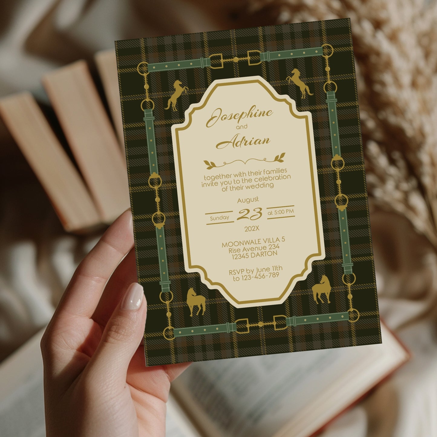 Elegant Equestrian Wedding Invitation - Green Checkered Pattern and Gold Horse Motif