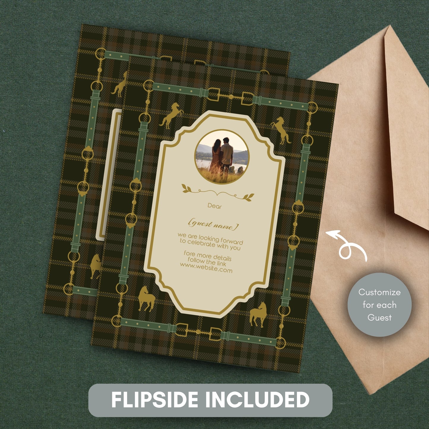 Elegant Equestrian Wedding Invitation - Green Checkered Pattern and Gold Horse Motif