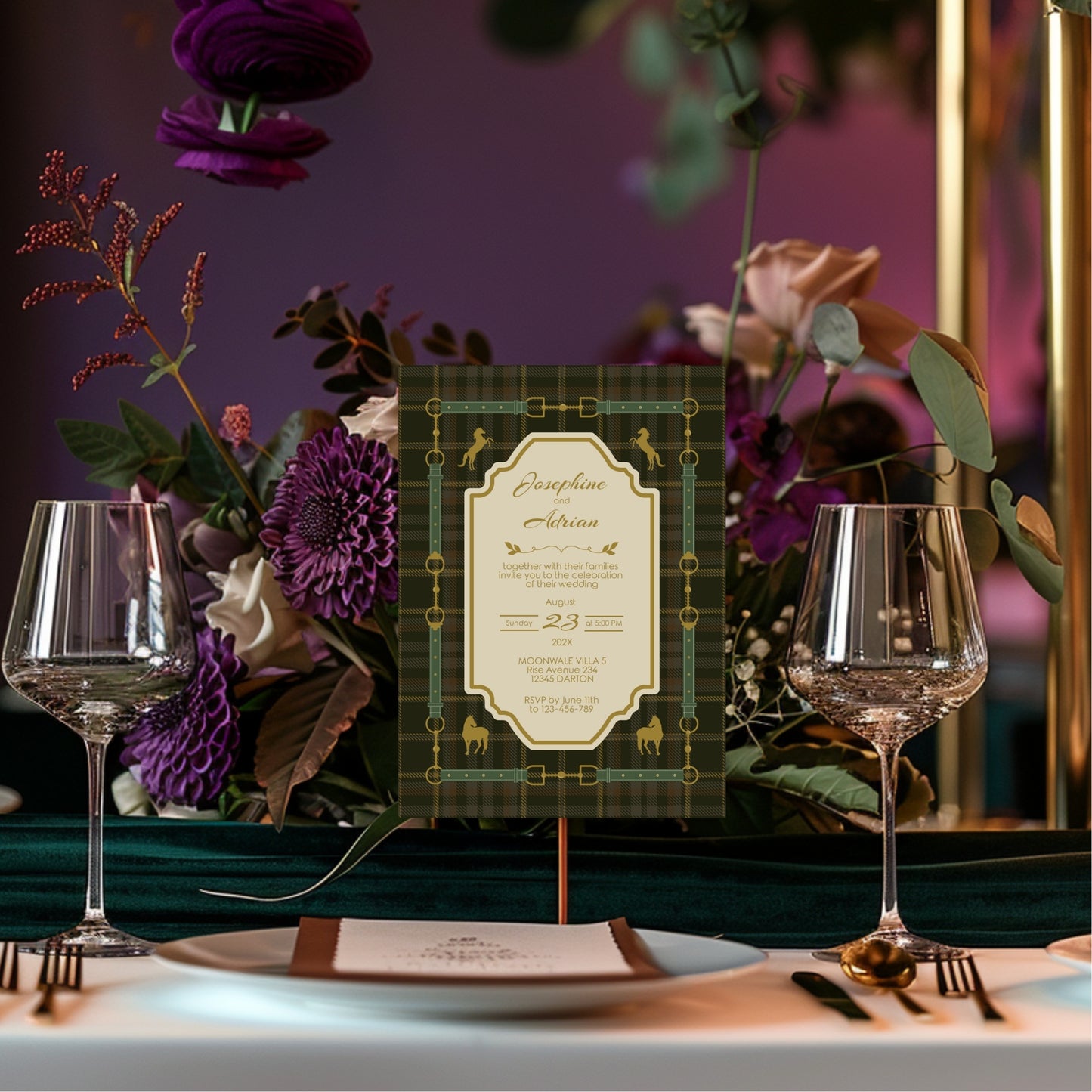Elegant Equestrian Wedding Invitation - Green Checkered Pattern and Gold Horse Motif