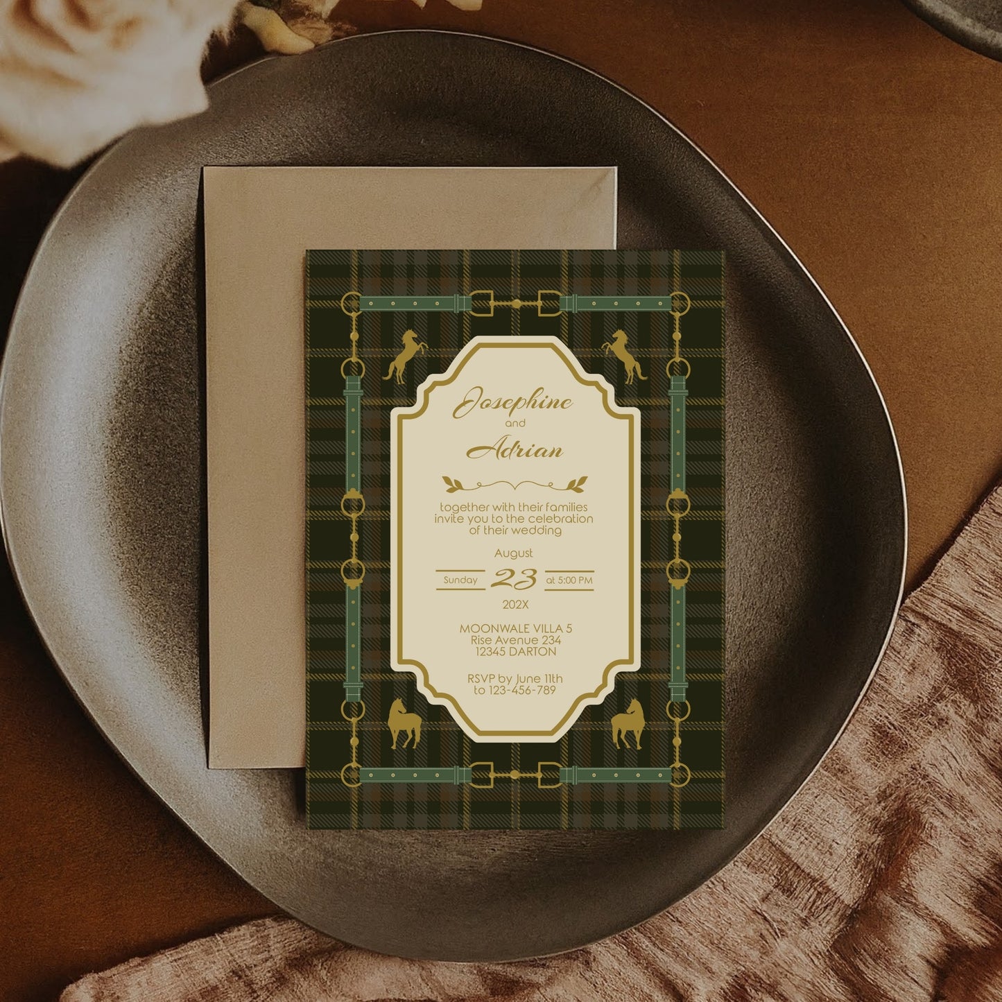 Elegant Equestrian Wedding Invitation - Green Checkered Pattern and Gold Horse Motif