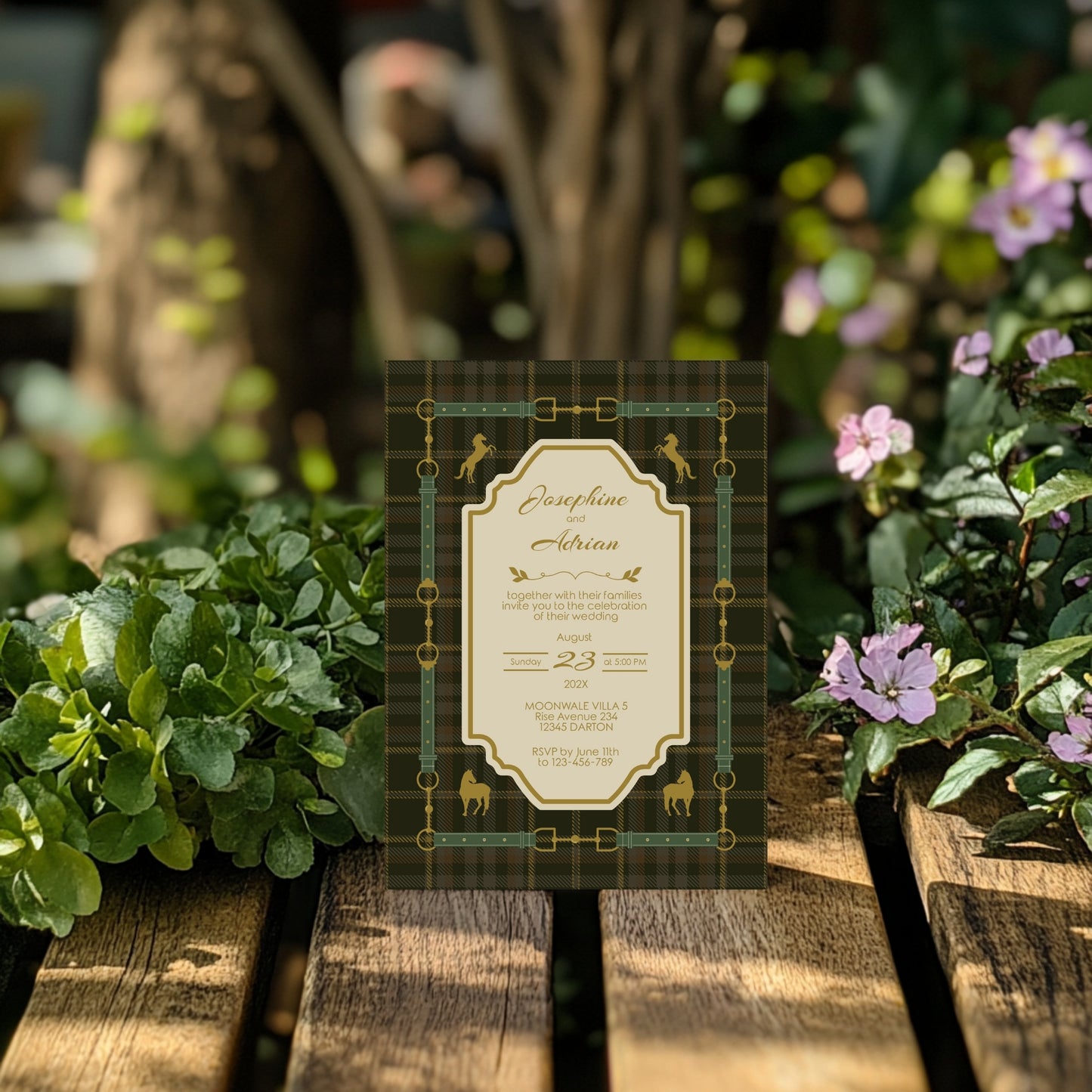 Elegant Equestrian Wedding Invitation - Green Checkered Pattern and Gold Horse Motif
