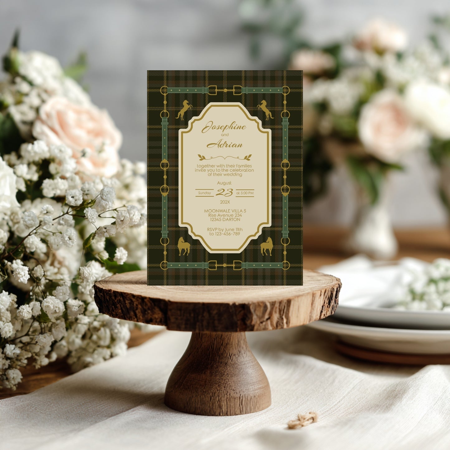 Elegant Equestrian Wedding Invitation - Green Checkered Pattern and Gold Horse Motif