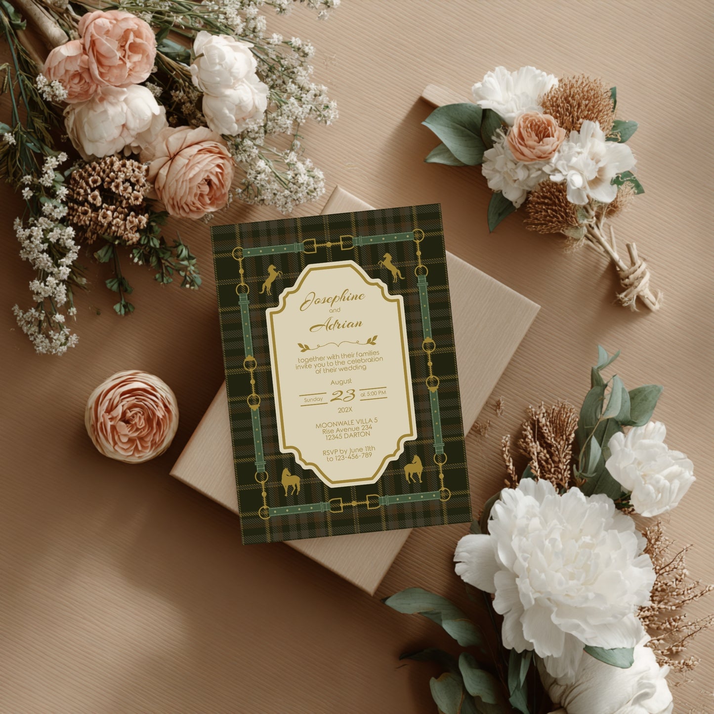 Elegant Equestrian Wedding Invitation - Green Checkered Pattern and Gold Horse Motif