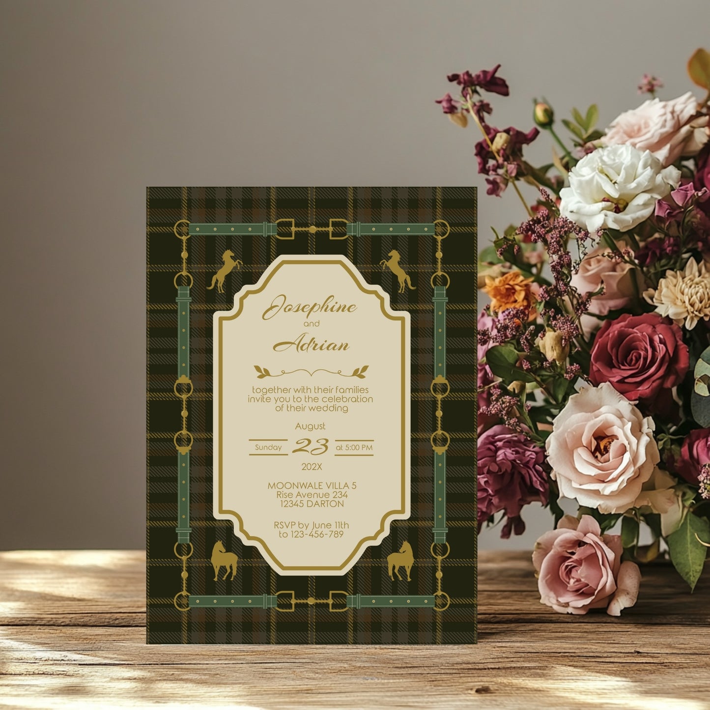 Elegant Equestrian Wedding Invitation - Green Checkered Pattern and Gold Horse Motif