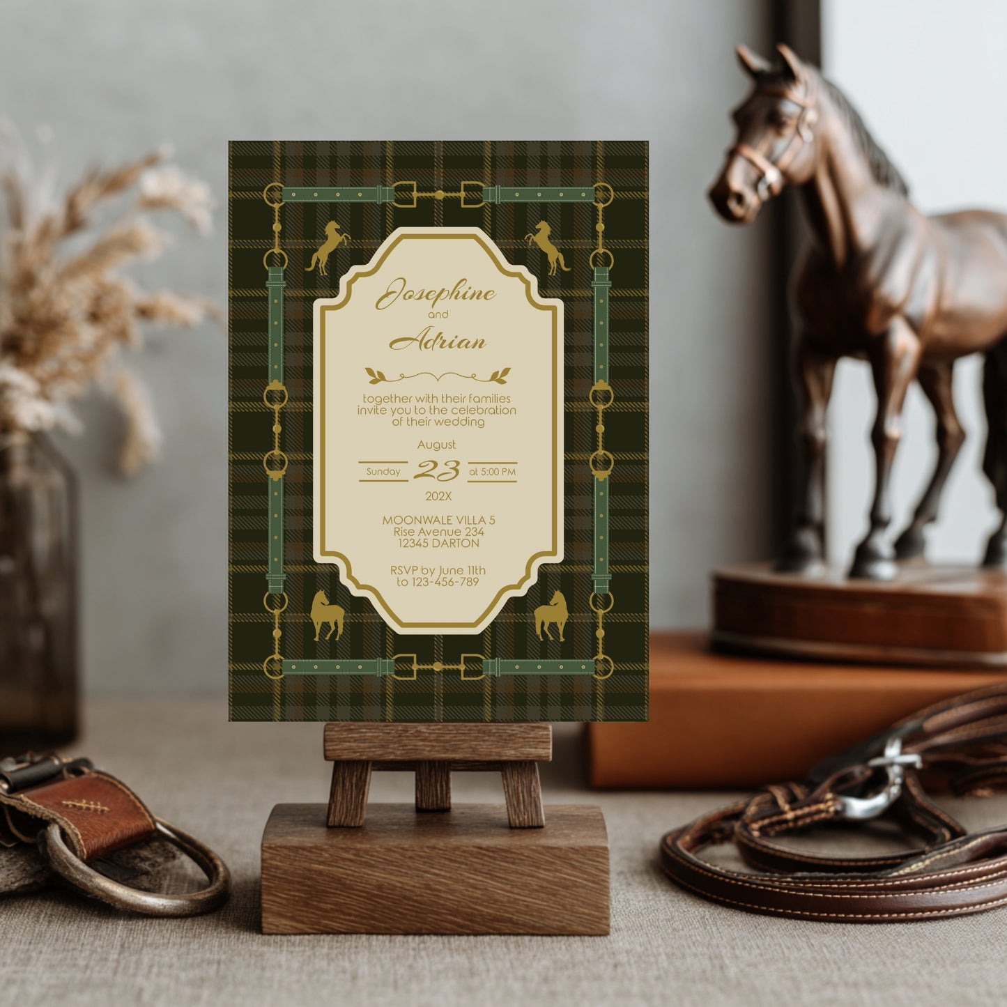Elegant Equestrian Wedding Invitation - Green Checkered Pattern and Gold Horse Motif