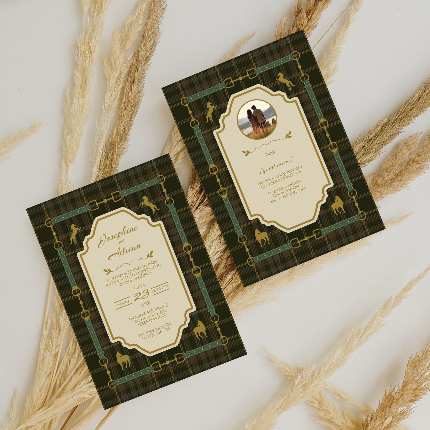 Elegant Equestrian Wedding Invitation - Green Checkered Pattern and Gold Horse Motif