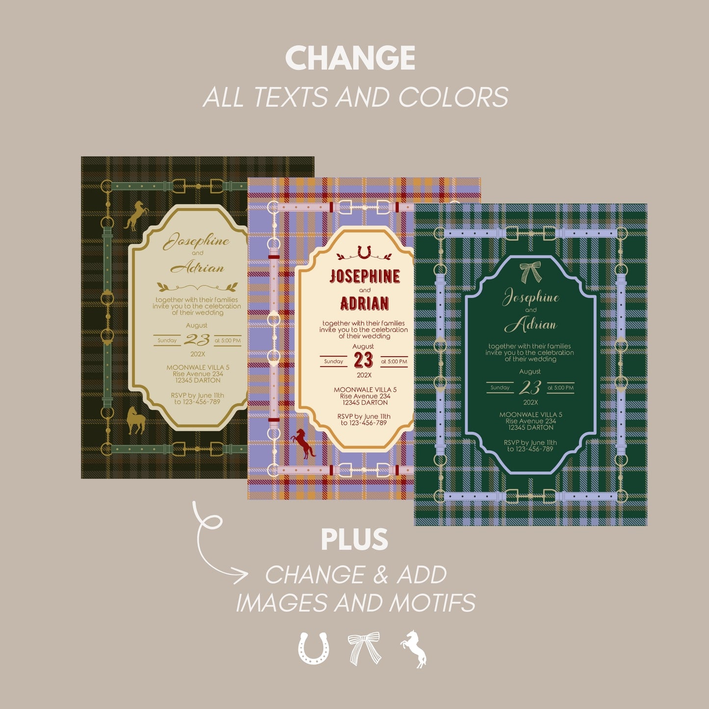 Elegant Equestrian Wedding Invitation - Green Checkered Pattern and Gold Horse Motif