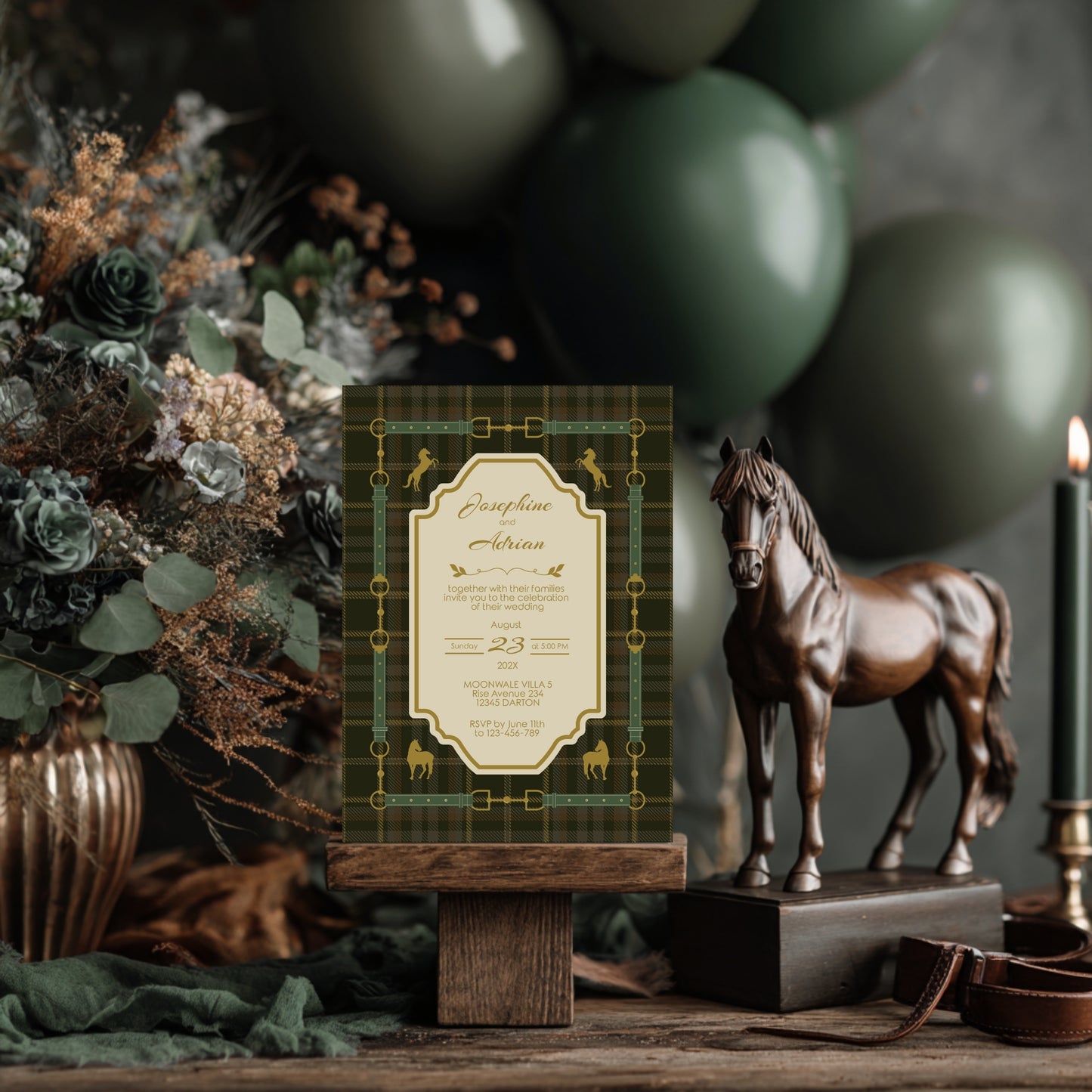 Elegant Equestrian Wedding Invitation - Green Checkered Pattern and Gold Horse Motif