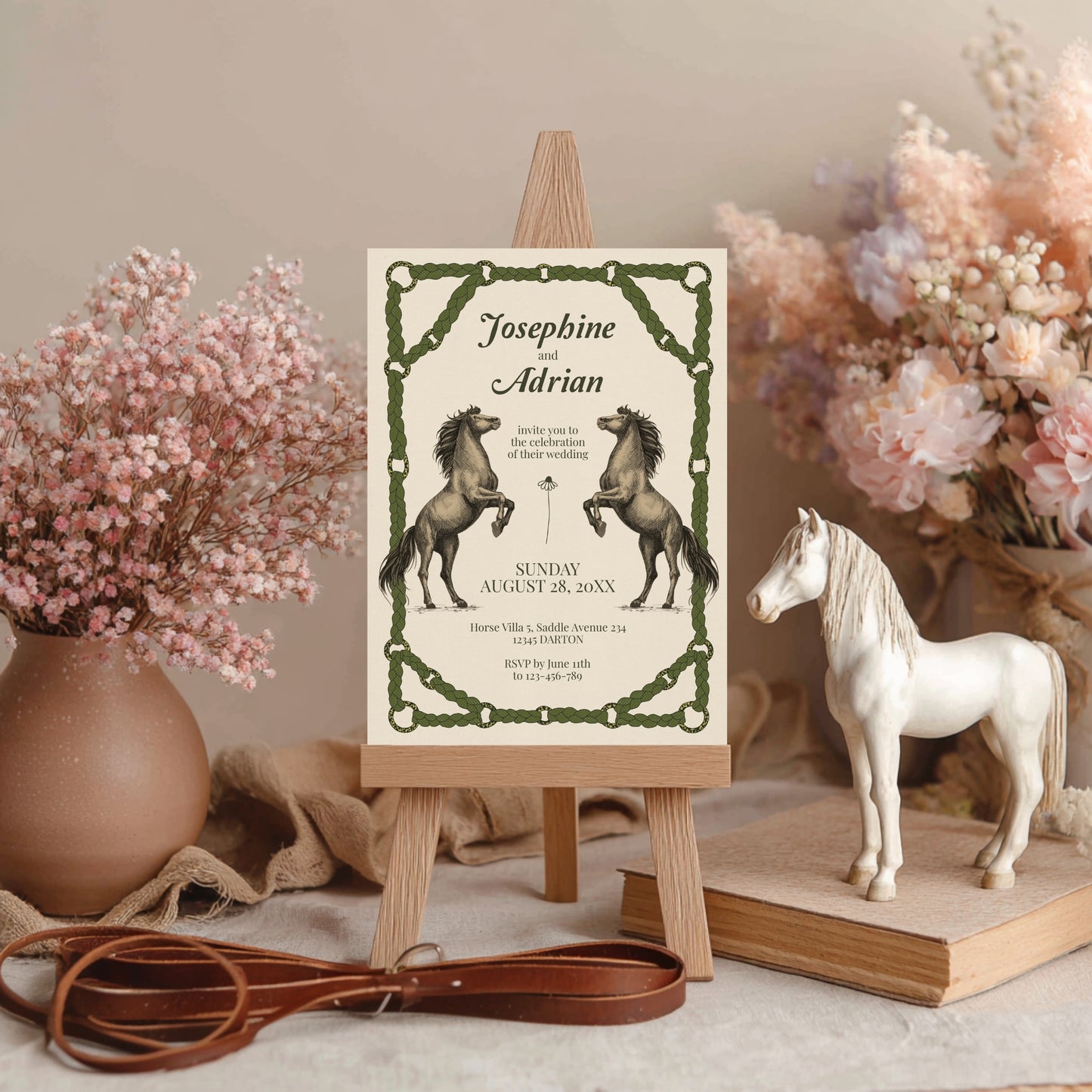 Romantic Equestrian Wedding Invitation - Braided Reins & Horse Motif