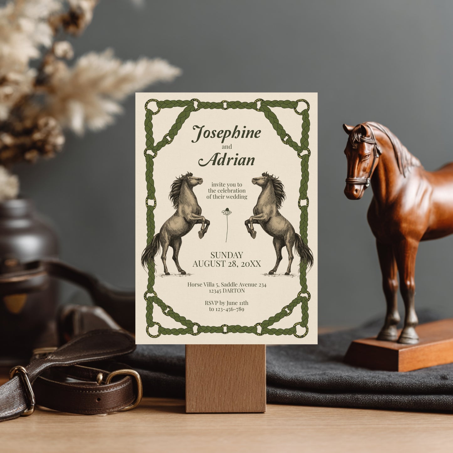 Romantic Equestrian Wedding Invitation - Braided Reins & Horse Motif