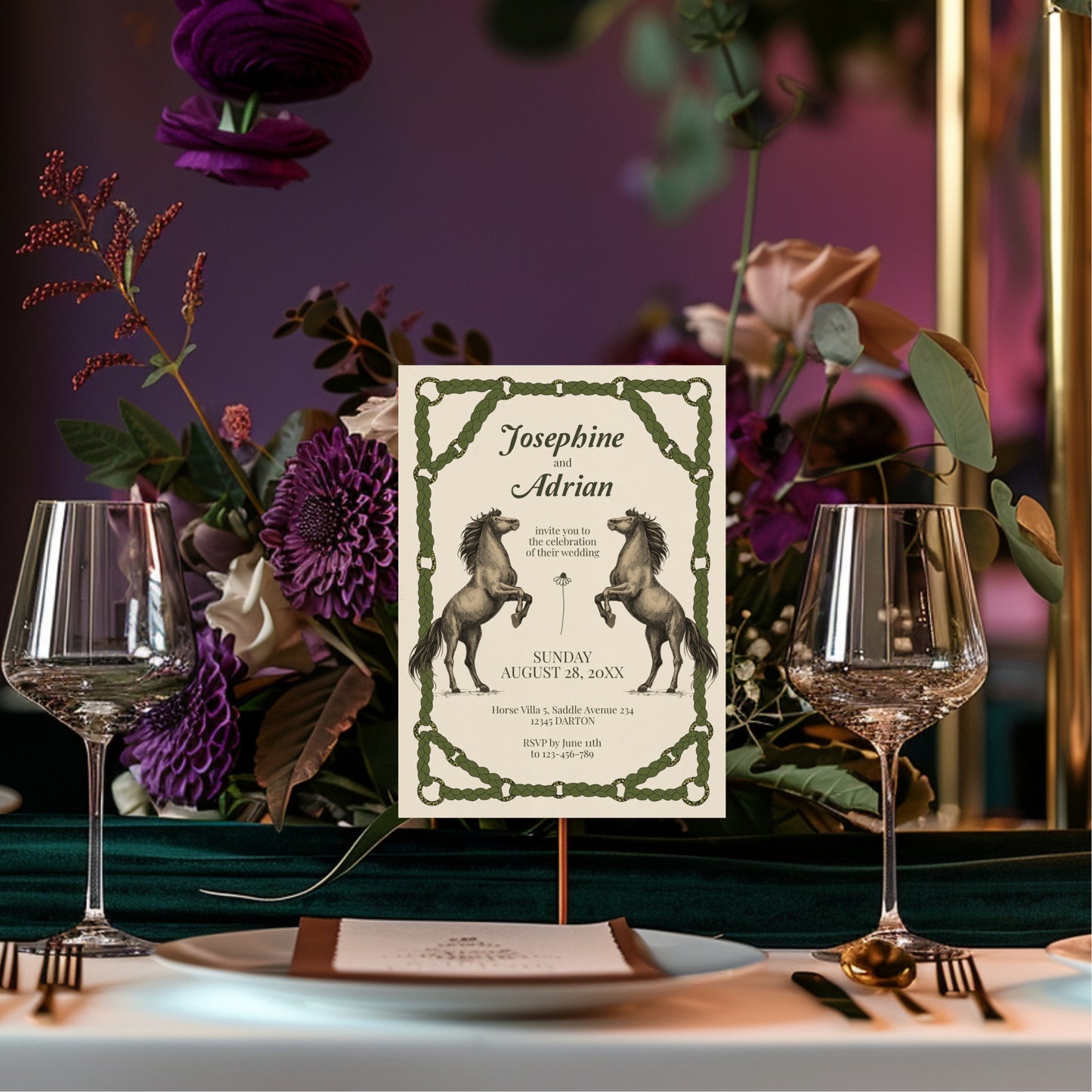 Romantic Equestrian Wedding Invitation - Braided Reins & Horse Motif