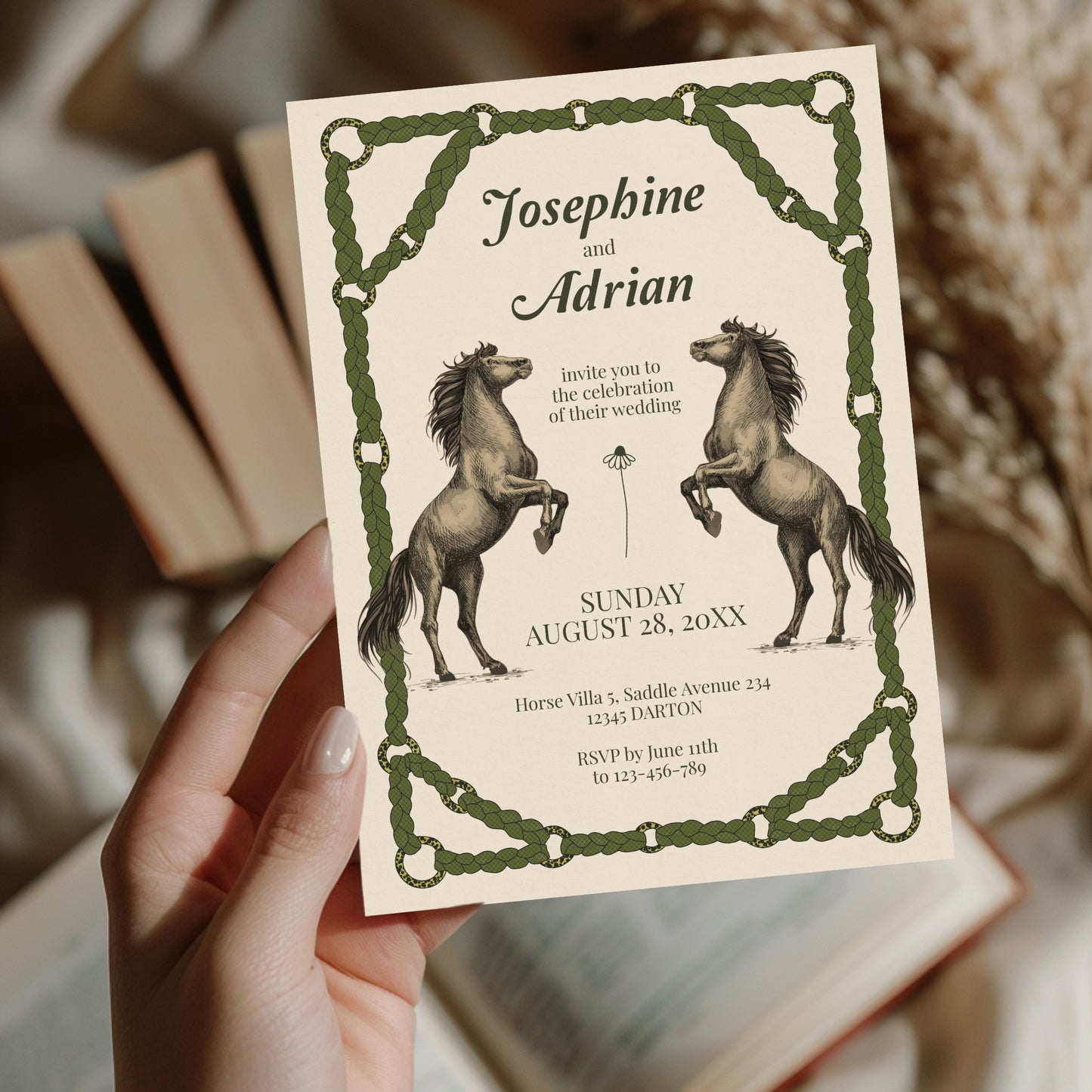Romantic Equestrian Wedding Invitation - Braided Reins & Horse Motif