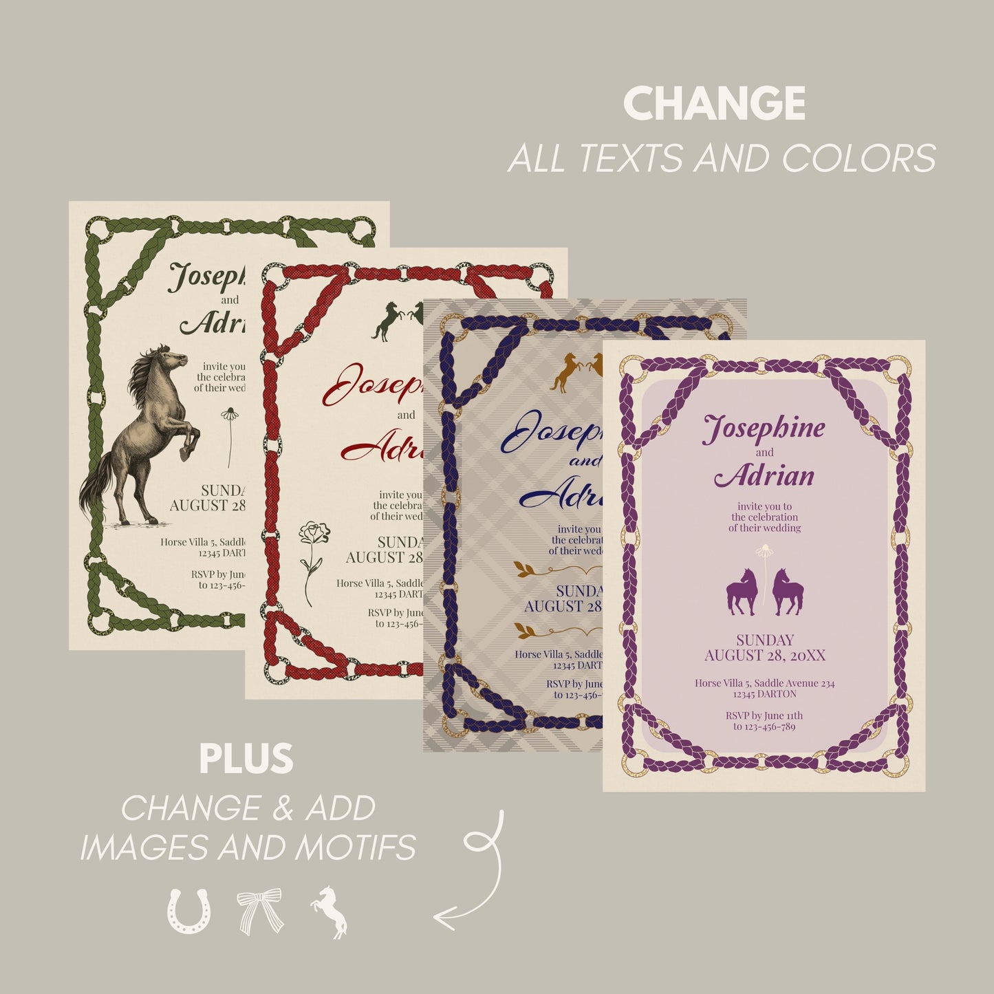 Romantic Equestrian Wedding Invitation - Braided Reins & Horse Motif