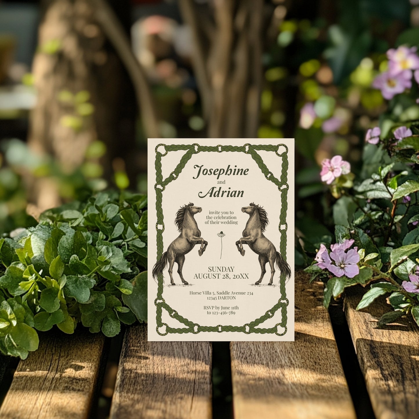 Romantic Equestrian Wedding Invitation - Braided Reins & Horse Motif