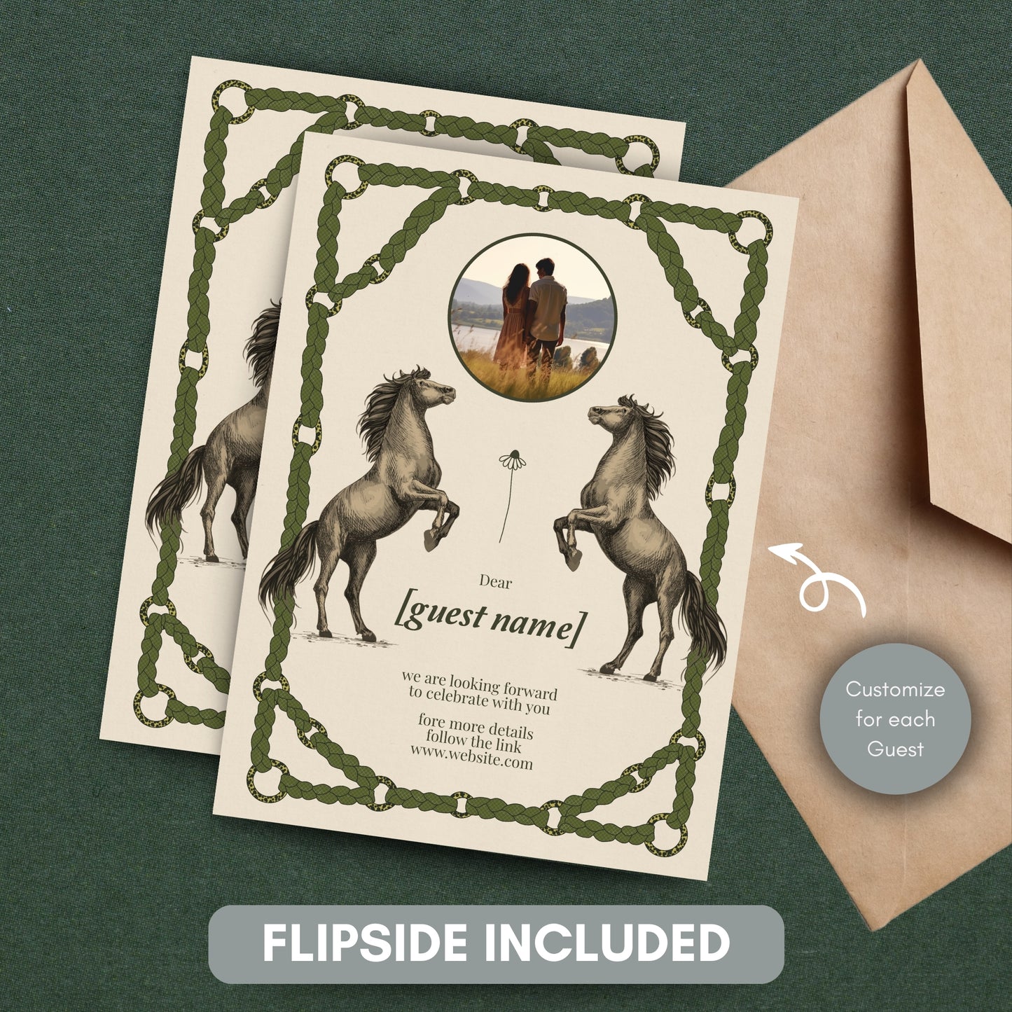 Romantic Equestrian Wedding Invitation - Braided Reins & Horse Motif
