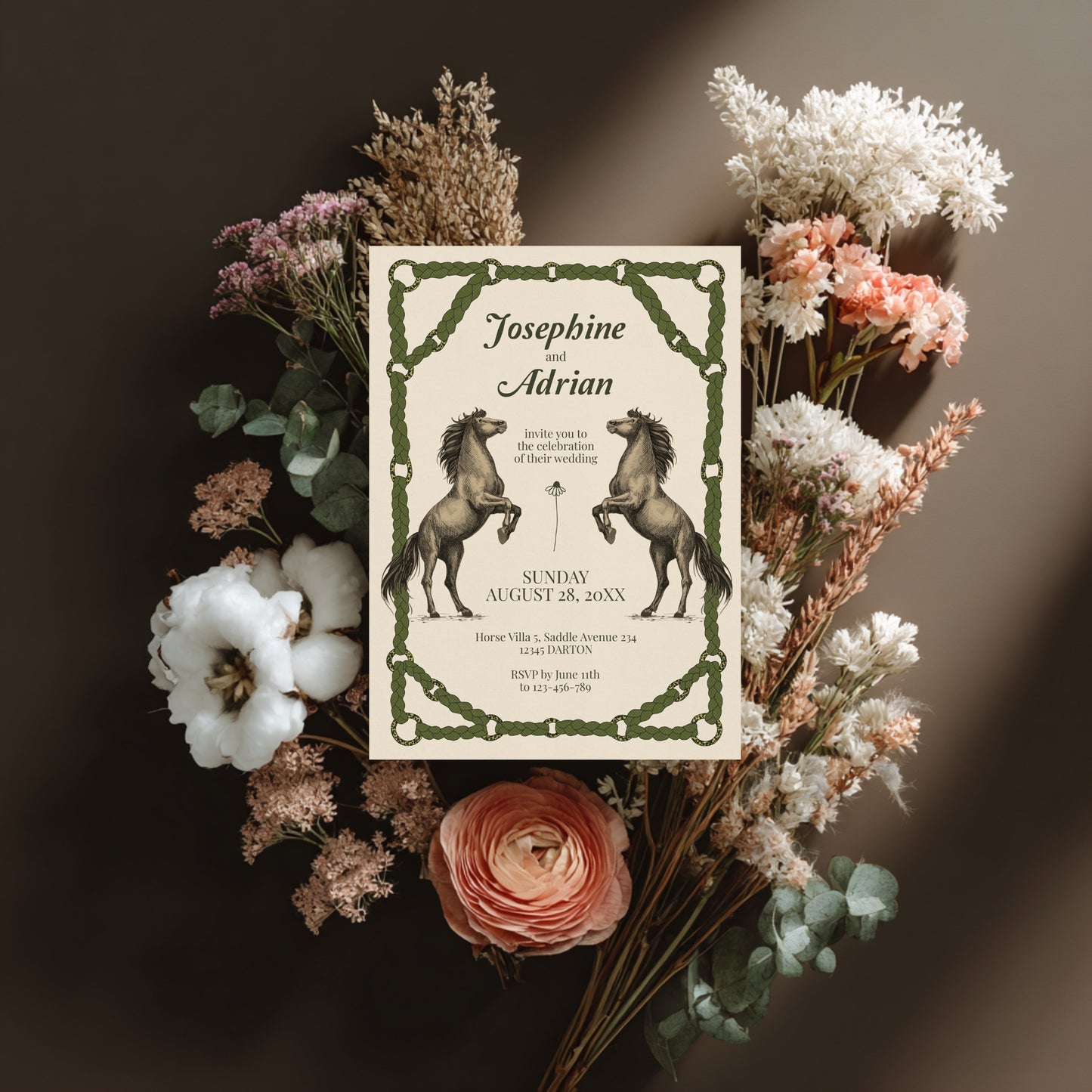Romantic Equestrian Wedding Invitation - Braided Reins & Horse Motif