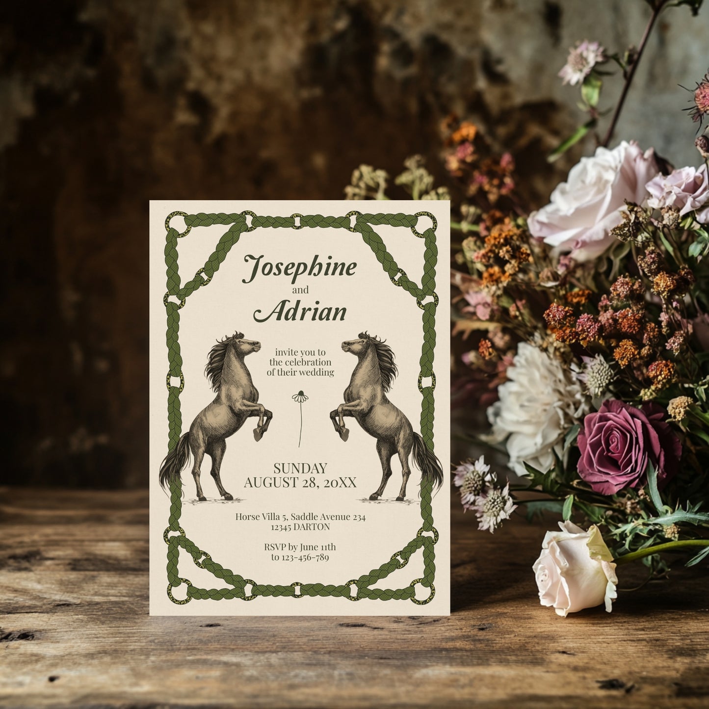 Romantic Equestrian Wedding Invitation - Braided Reins & Horse Motif