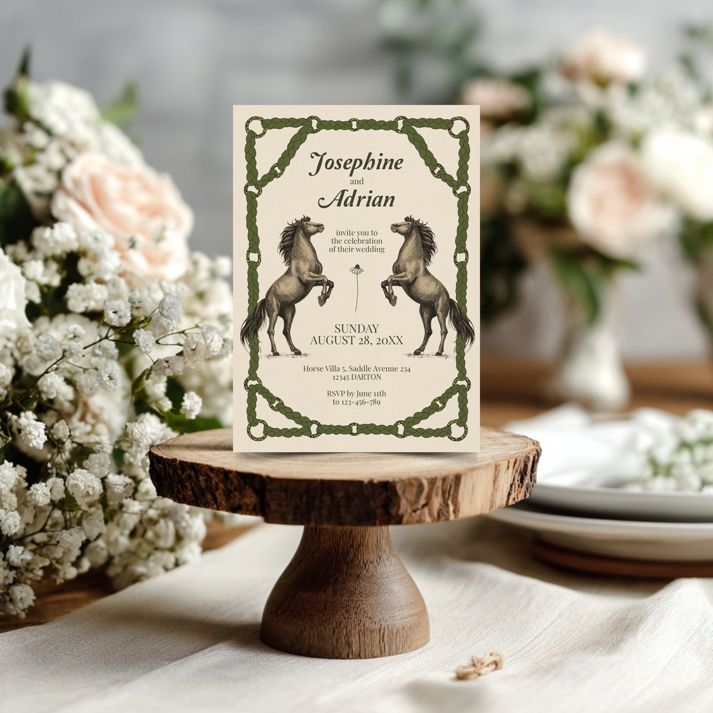 Romantic Equestrian Wedding Invitation - Braided Reins & Horse Motif