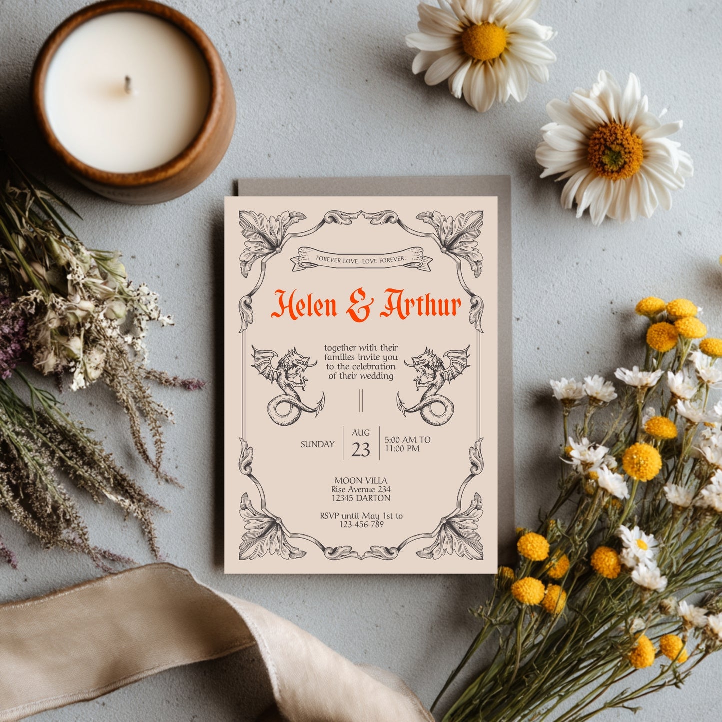 Gothic Vintage Wedding Invitation – With Fantasy Elements and Medieval Dragon Design