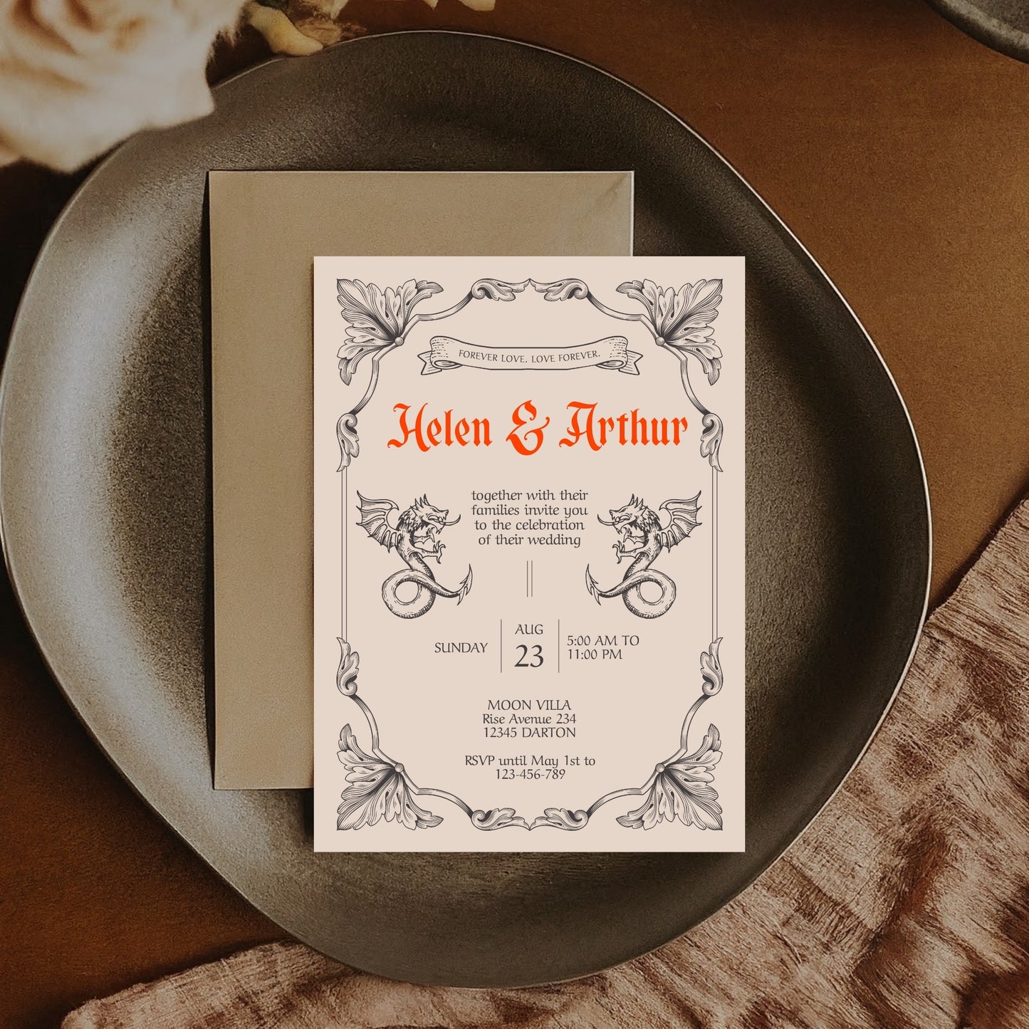 Gothic Vintage Wedding Invitation – With Fantasy Elements and Medieval Dragon Design