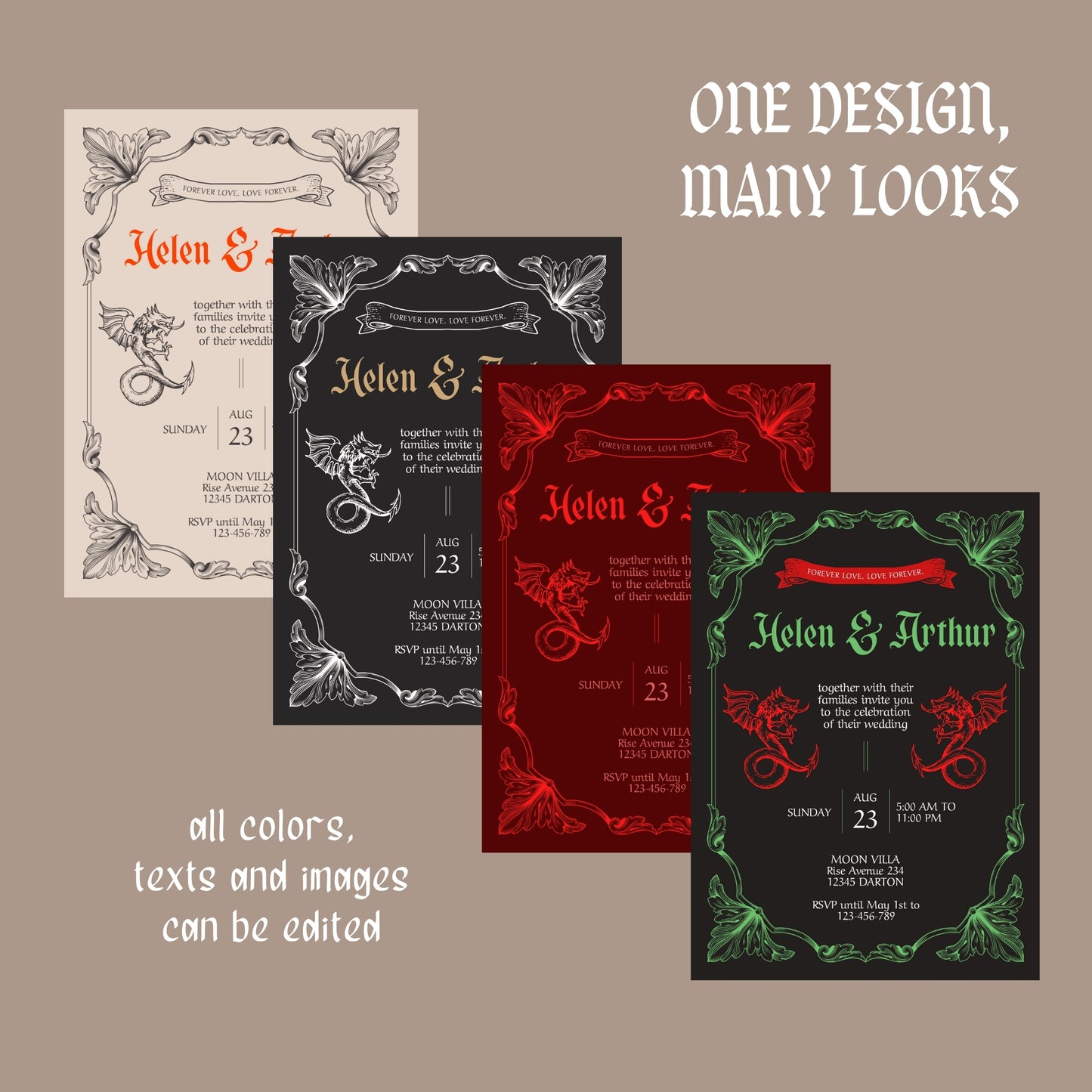 Gothic Vintage Wedding Invitation – With Fantasy Elements and Medieval Dragon Design
