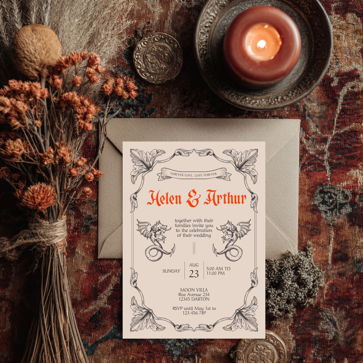 Gothic Vintage Wedding Invitation – With Fantasy Elements and Medieval Dragon Design