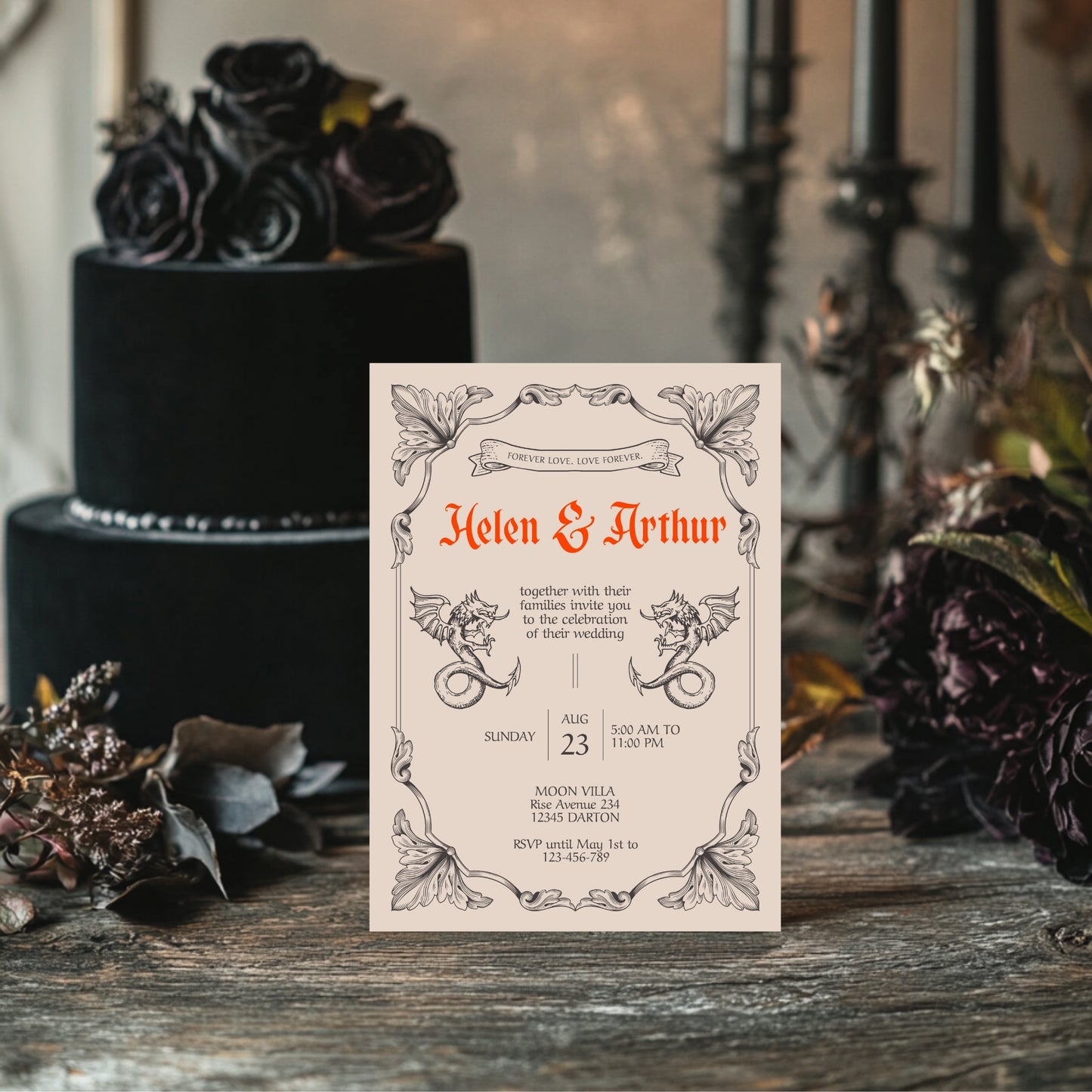 Gothic Vintage Wedding Invitation – With Fantasy Elements and Medieval Dragon Design
