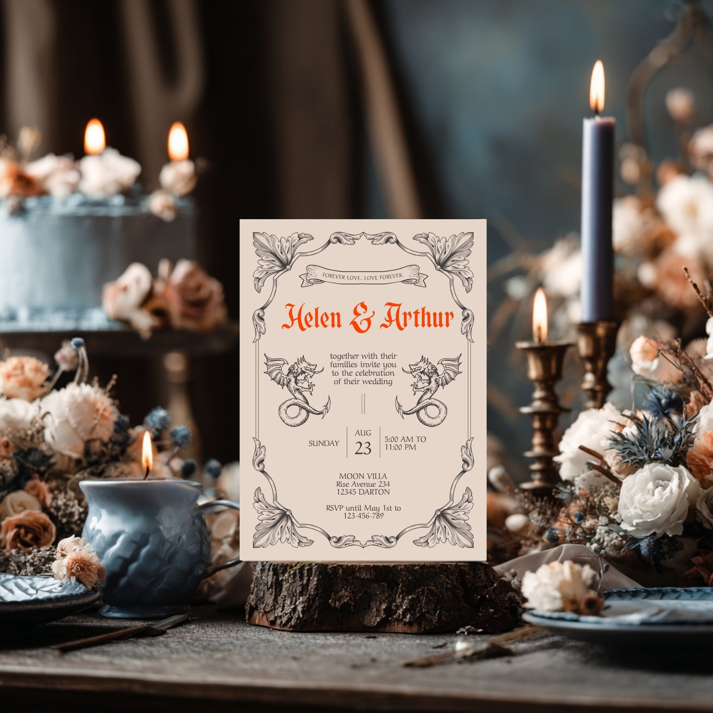 Gothic Vintage Wedding Invitation – With Fantasy Elements and Medieval Dragon Design