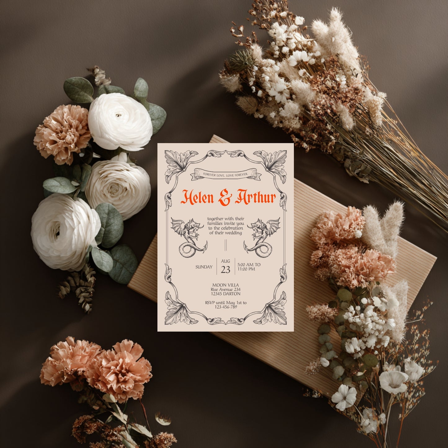 Gothic Vintage Wedding Invitation – With Fantasy Elements and Medieval Dragon Design