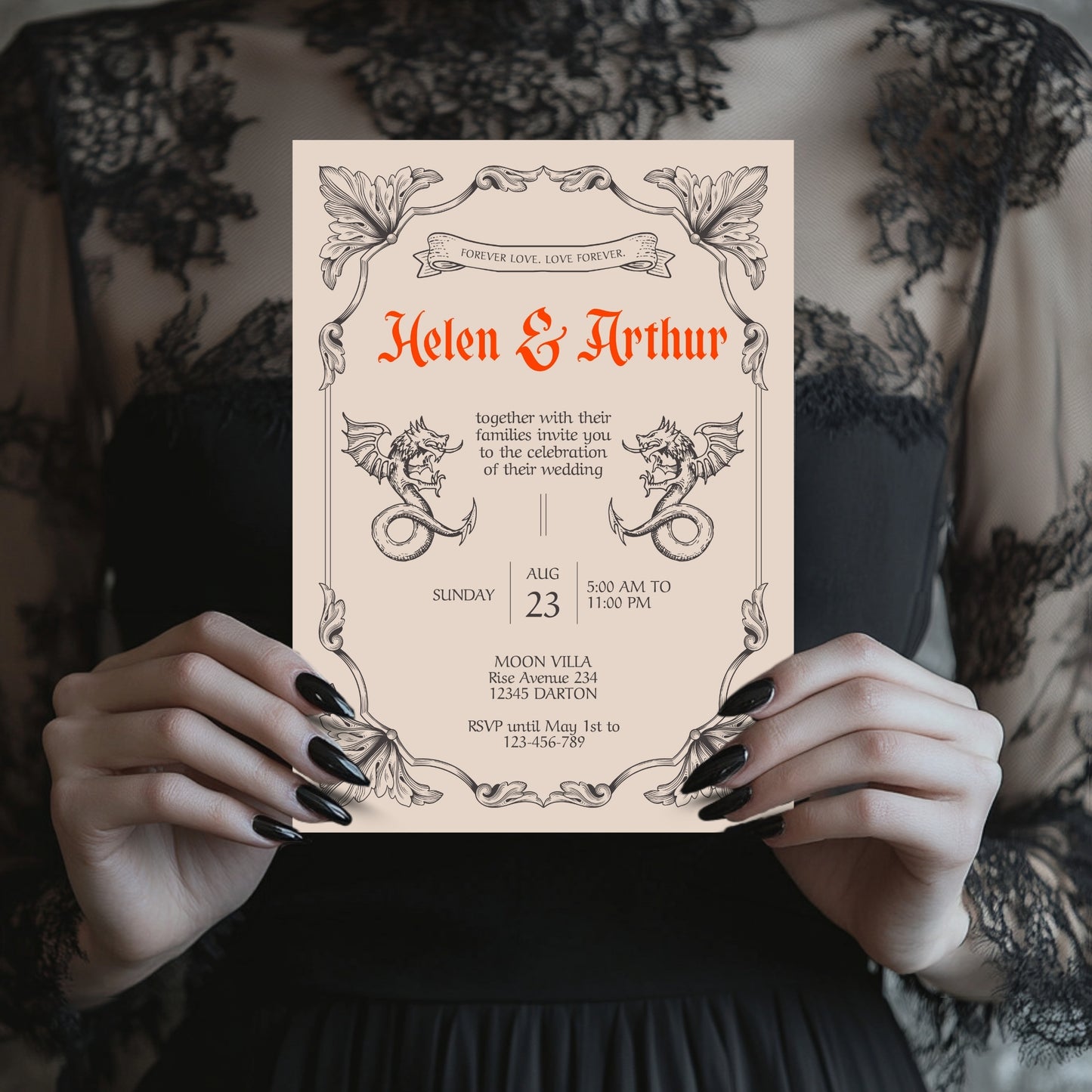 Gothic Vintage Wedding Invitation – With Fantasy Elements and Medieval Dragon Design