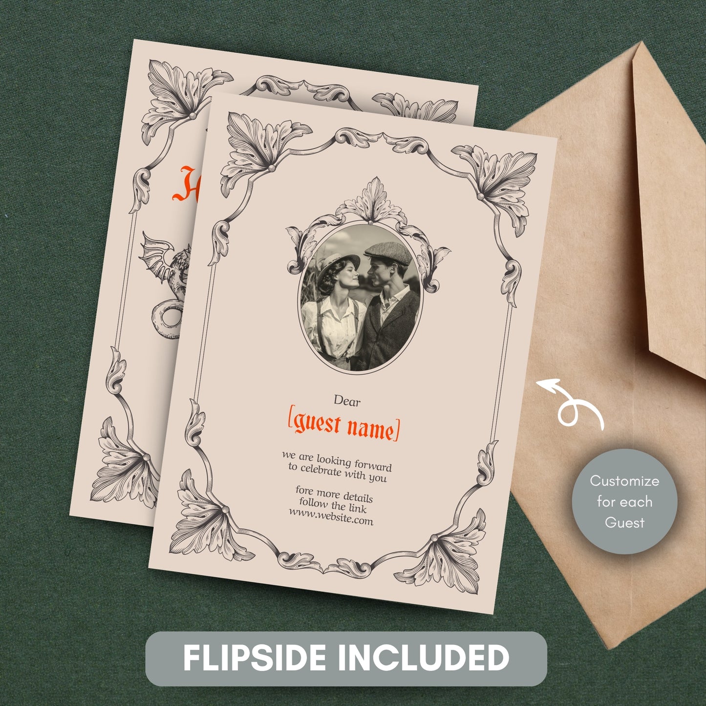 Gothic Vintage Wedding Invitation – With Fantasy Elements and Medieval Dragon Design