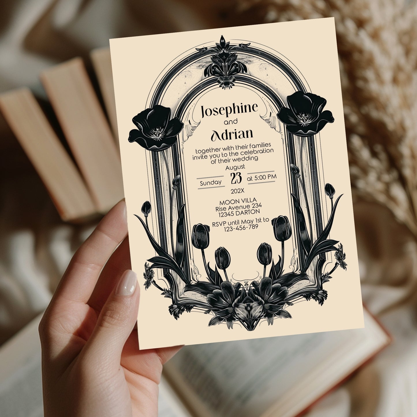 Gothic Poppy Baroque Wedding Invitation – Dark Vintage Floral Arch Design