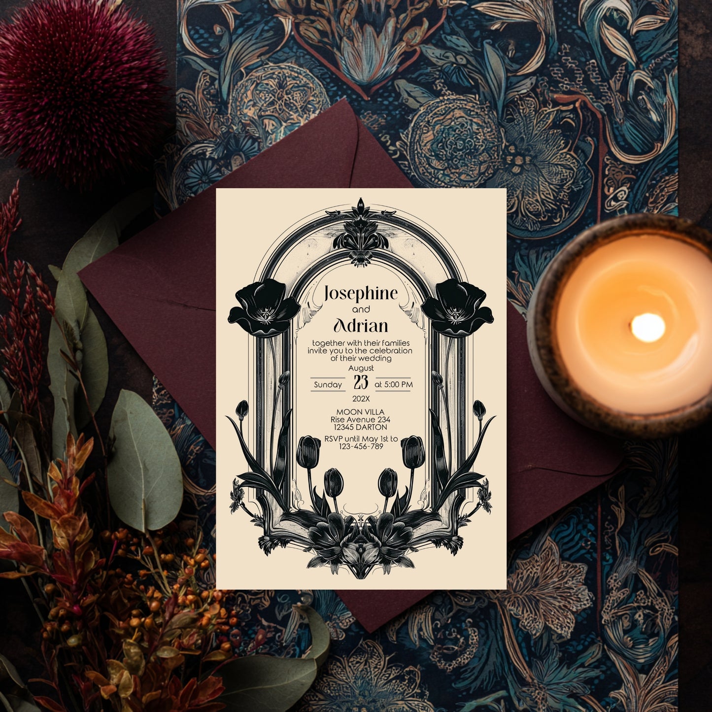 Gothic Poppy Baroque Wedding Invitation – Dark Vintage Floral Arch Design