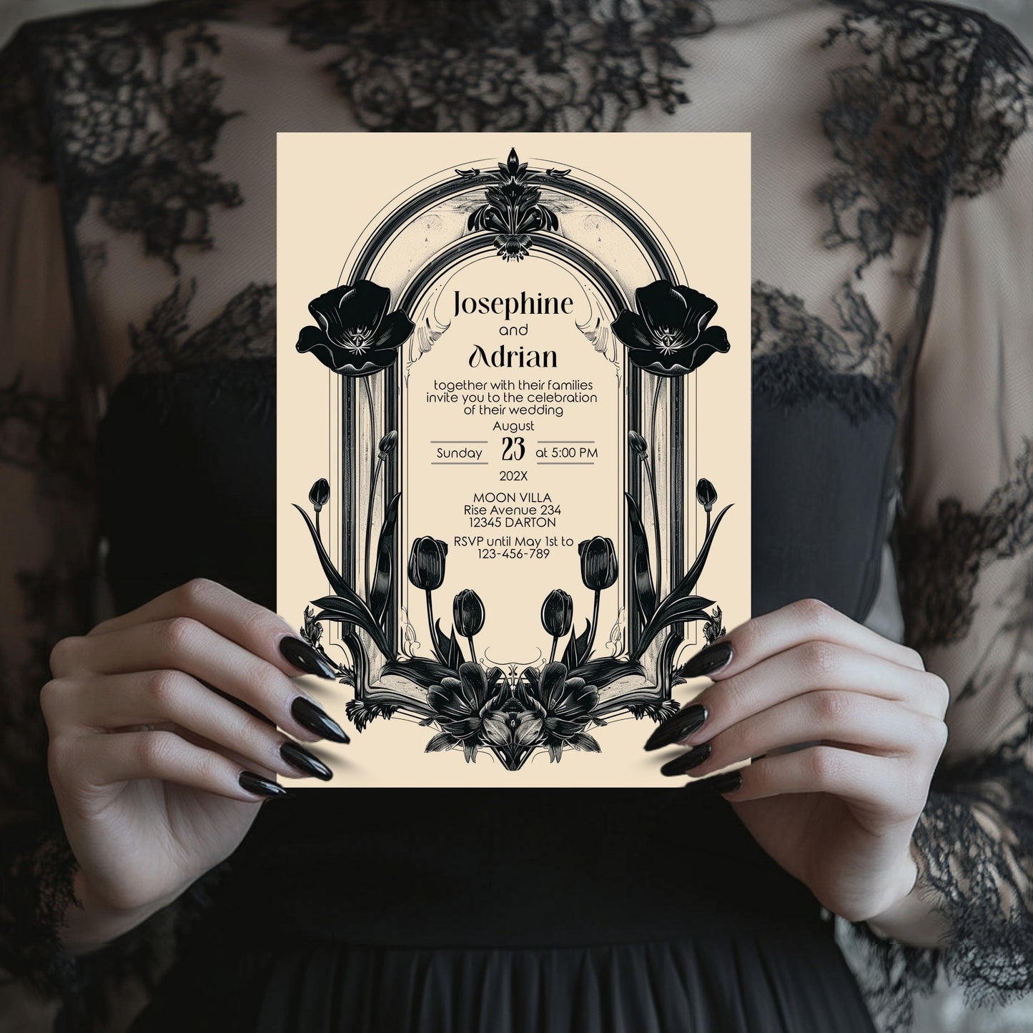 Gothic Poppy Baroque Wedding Invitation – Dark Vintage Floral Arch Design