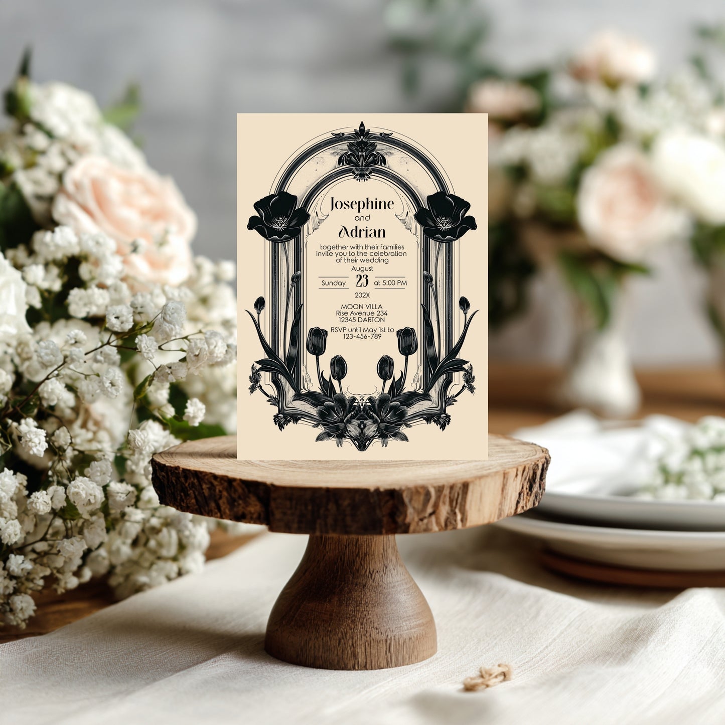 Gothic Poppy Baroque Wedding Invitation – Dark Vintage Floral Arch Design