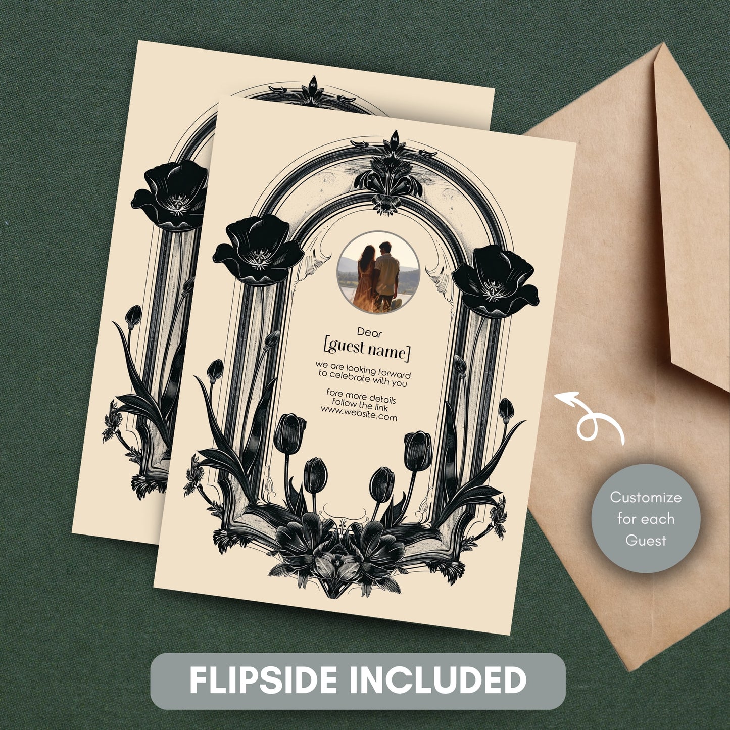 Gothic Poppy Baroque Wedding Invitation – Dark Vintage Floral Arch Design