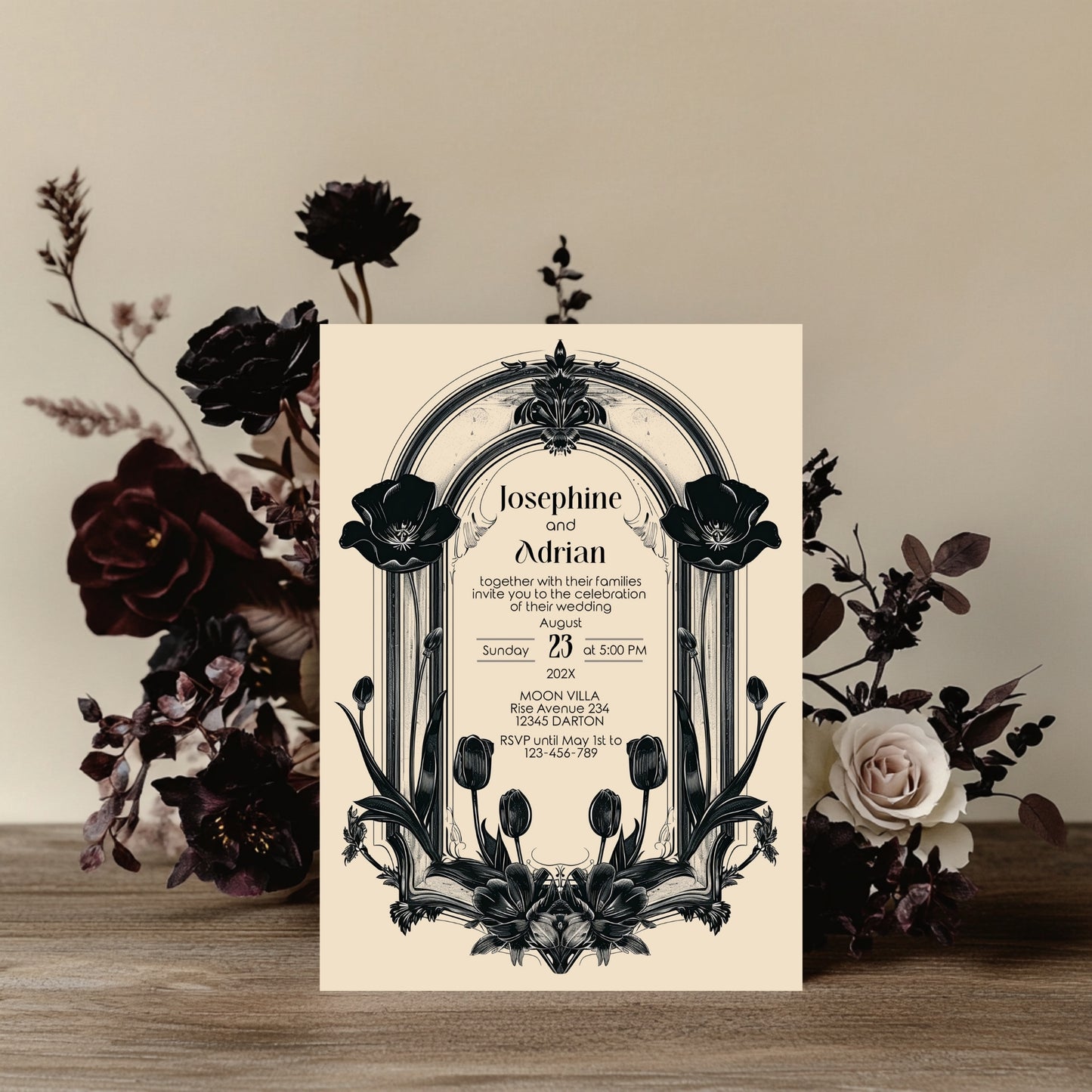 Gothic Poppy Baroque Wedding Invitation – Dark Vintage Floral Arch Design